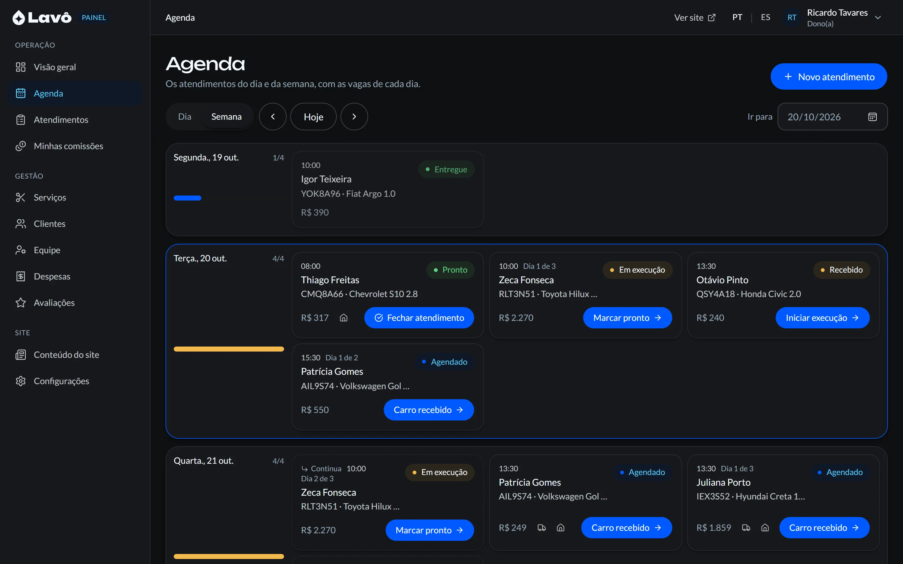 Agenda da semana na Lavô, com os carros de cada dia, o status e o botão do próximo passo
