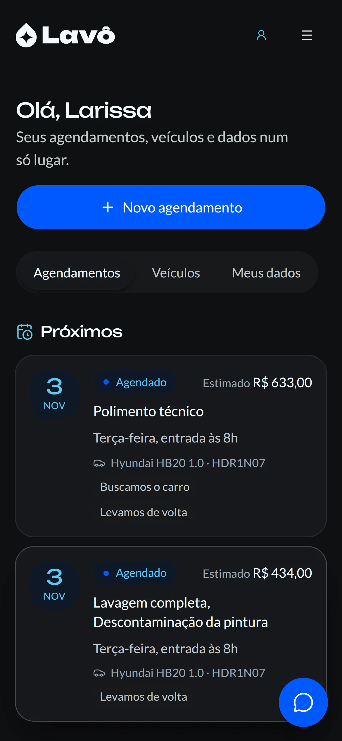 Área do cliente no celular, com os próximos agendamentos